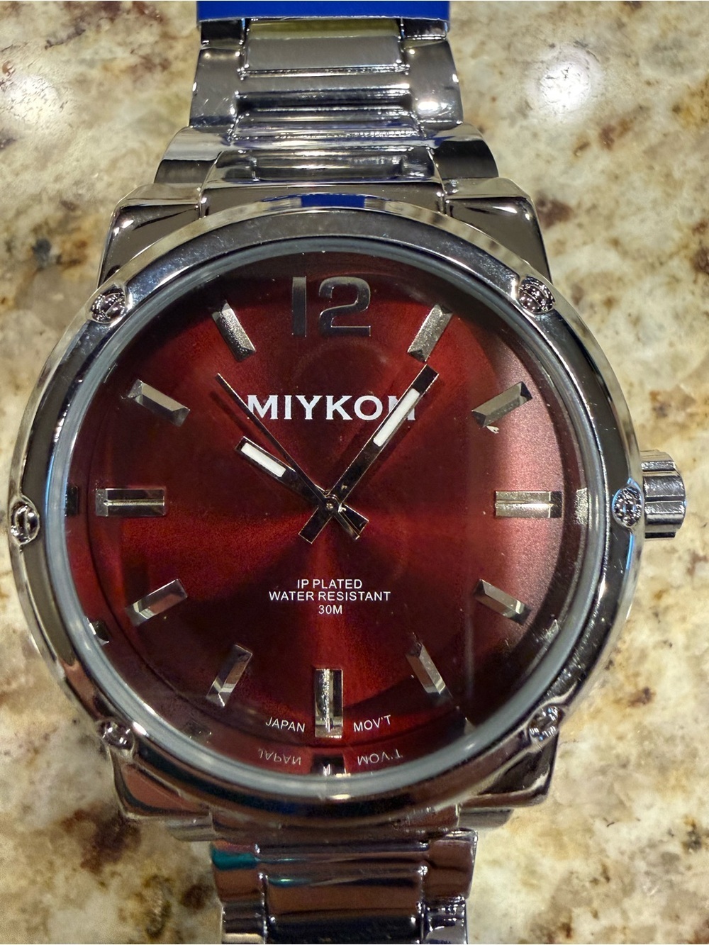 Miykon Men's Silver Stainless Steel Quartz Watch - Water-Resistant, Red Dial